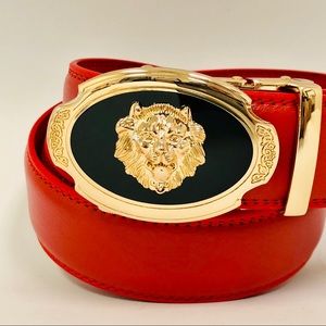 Red Belt‎ Slide Belt Oval Gold Buckle Not Holes Slide Belt Fashion Street Wear